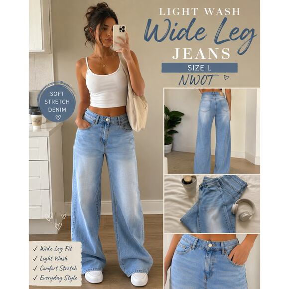 Title Unknown Denim - NWOT Light Wash Wide Leg Jeans Womens Size Large Stretch Denim